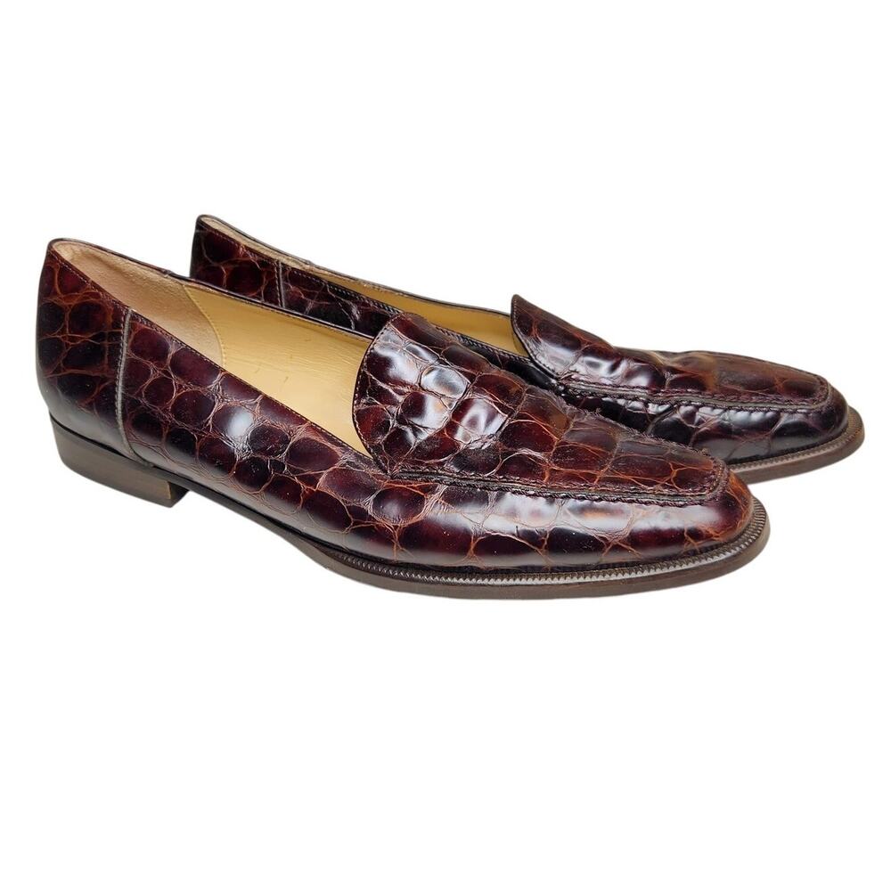 Vintage Sesto Meucci Loafers Croc Print Leather Brown Slip On Classic